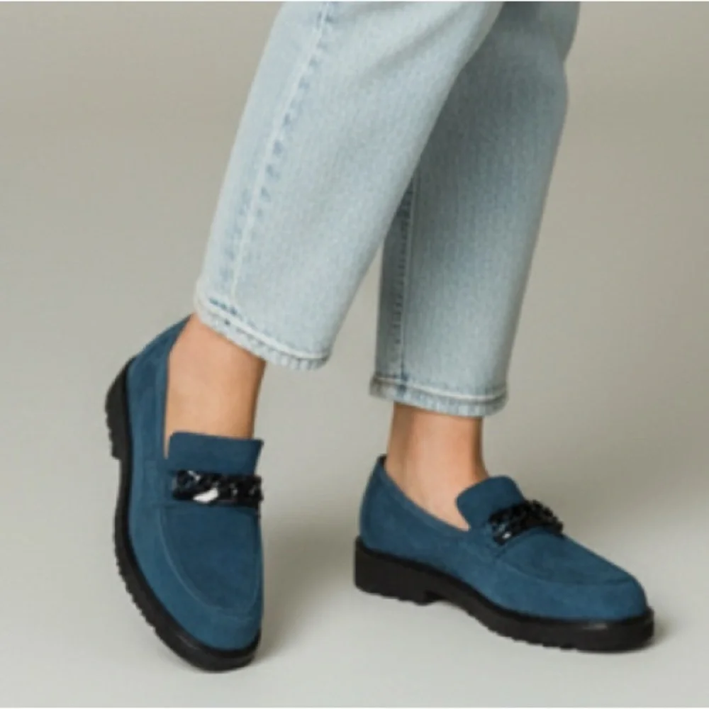 Memphisto Peacock Blue Velvet Leather SALKA Slip-On Loafers with Lug Sole